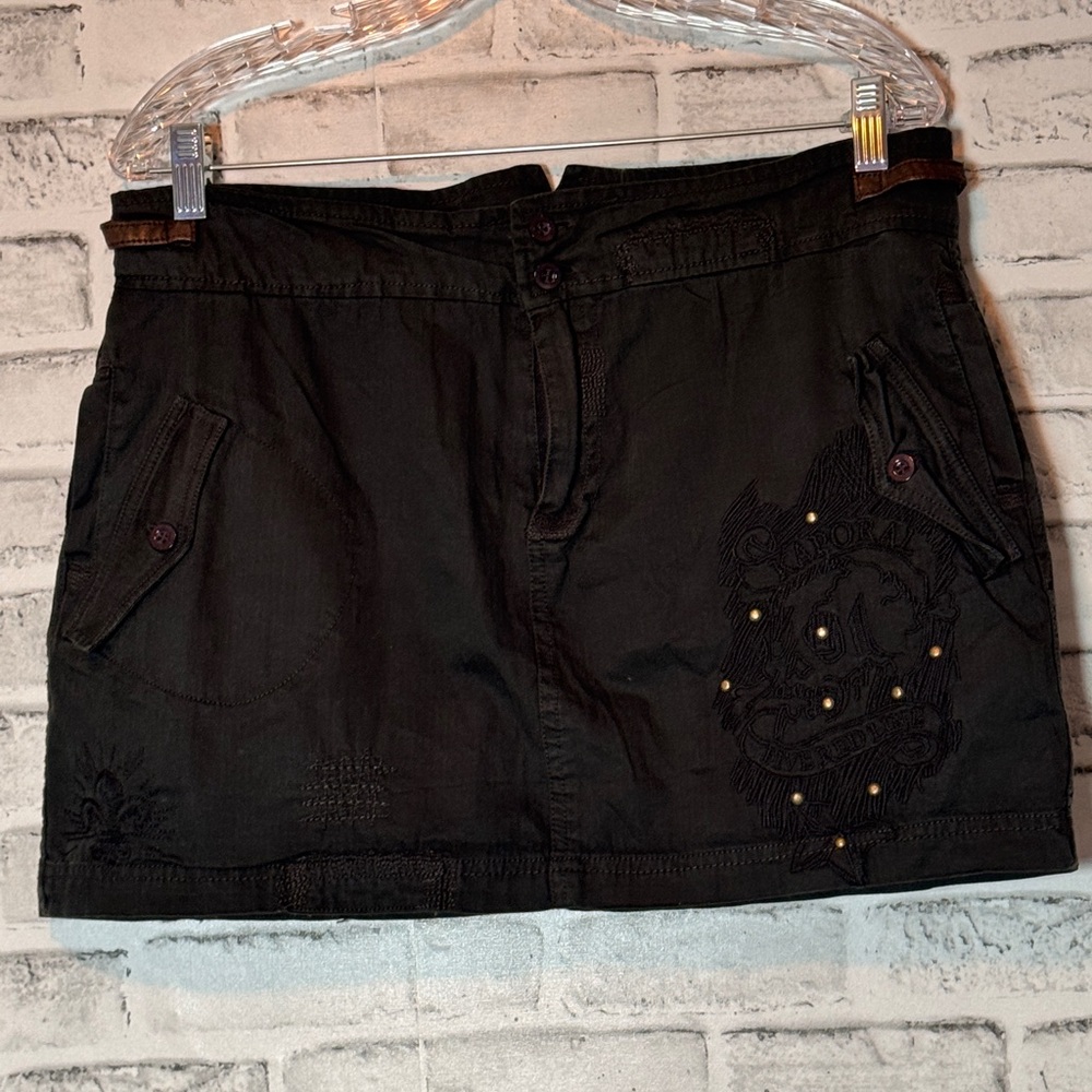Vintage Y2K Kaporal Black Mini Skirt embroidered skull‎ and rhinestones cargo
